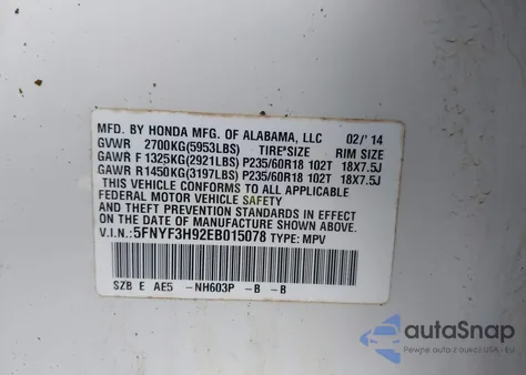 2014 Honda Pilot Touring from USA, damaged, VIN 5FNYF3H92EB015078